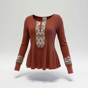 FREE PEOPLE Primrose Thermal Boho Embroidered Peplum Folk Top | XS | Retail $119